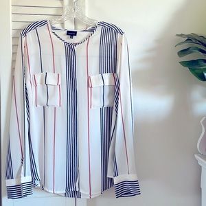 Who What Wear white long sleeve blouse, red & black stripes